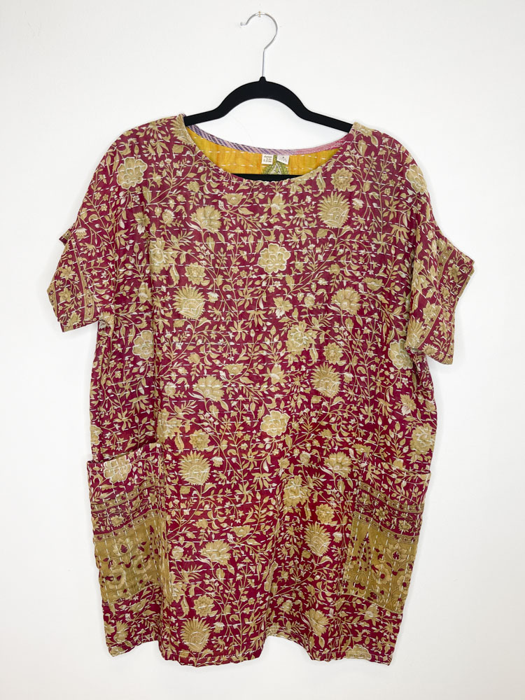 Kantha Boxy Dress with Pockets - S - Red and Brown