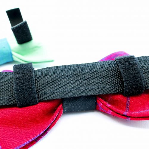 Dog bow attaches to collars with hook and loop tape.